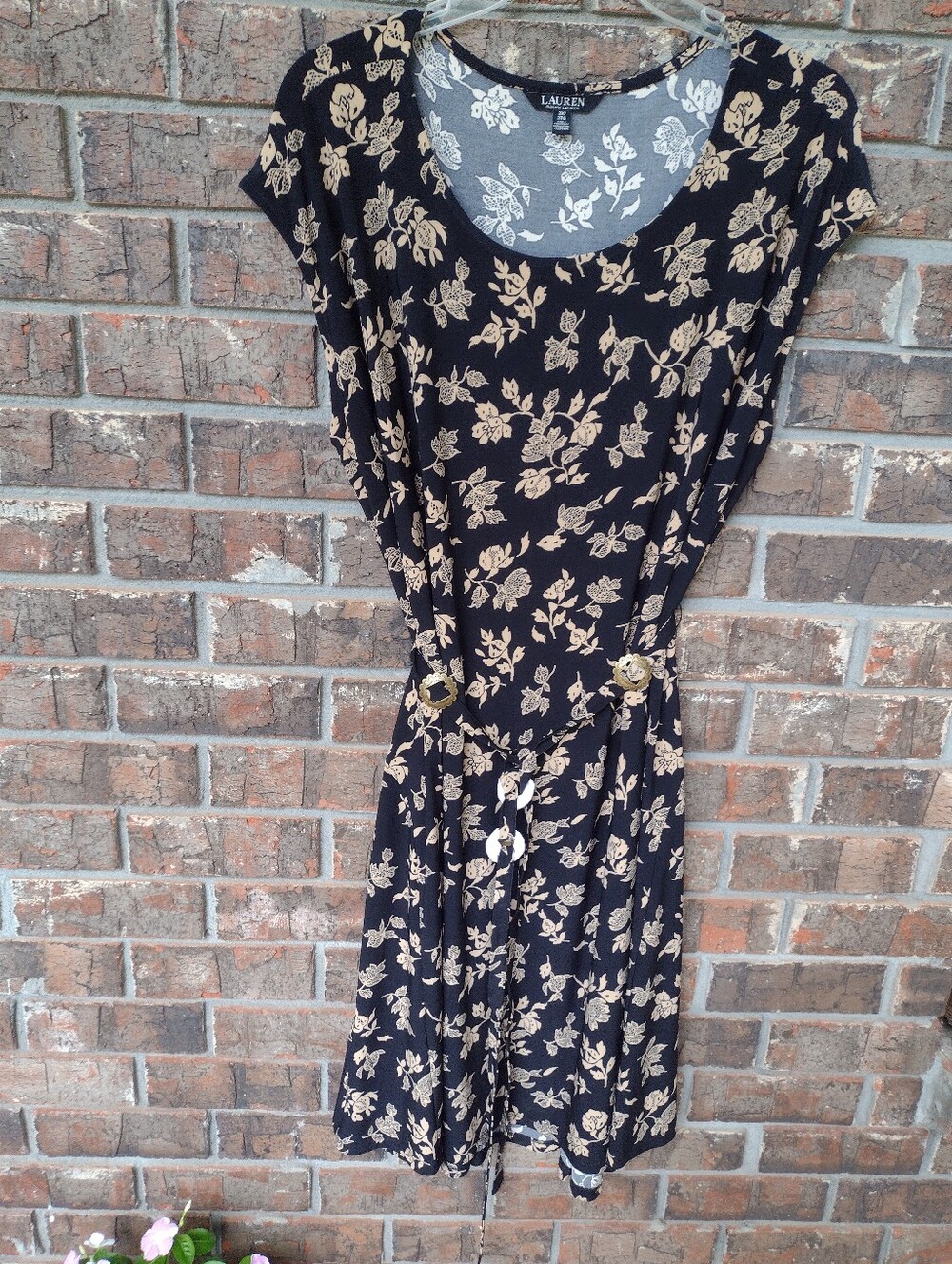 Lauren Ralph Lauren Black Label Midi Dress Sz 3X Beige Floral Print&Belt Accents